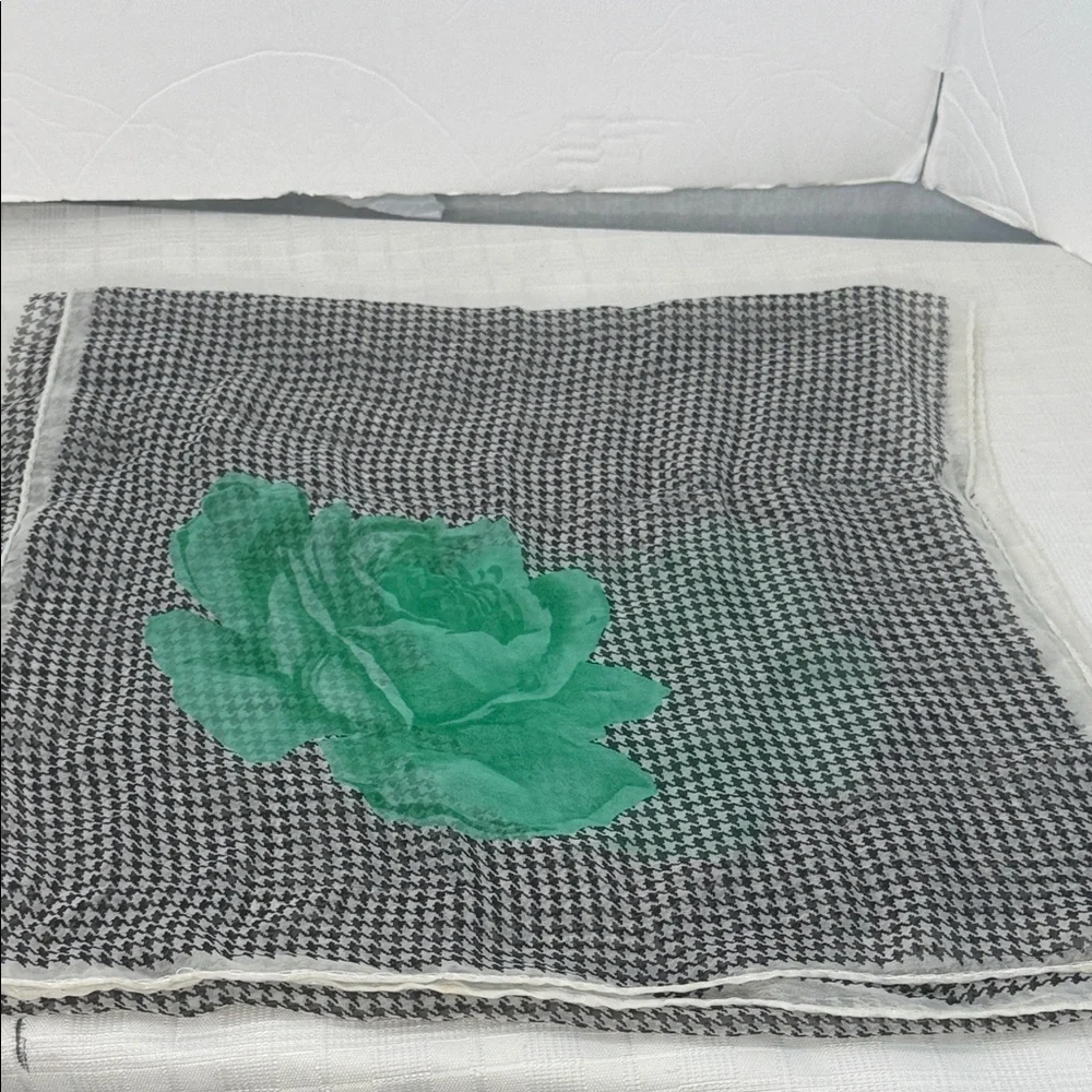 Vintage Christian Dior Houndstooth Scarf /wrap with Green Rose